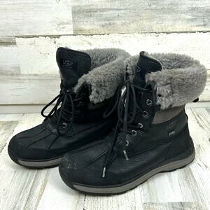 UGG Adirondack III Womens 9 Black Leather Weatherproof Gray Fleece Lined Boots